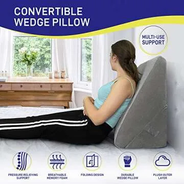 Bed Wedge Pillow - Memory Foam Top Adjustable 9&12 inch Folding Incline Cushion, for Legs and Back Support Pillow, Acid Reflux, Heartburn, Allergies, Snoring, Reading- Soft Washable Cover (Grey)