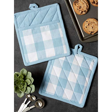 DII Buffalo Check Kitchen Collection, Classic Farmhouse Kitchen Set, Potholder, White & Light Blue, 2 Piece