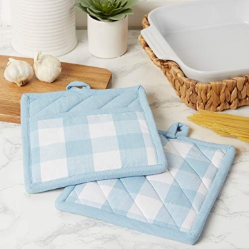 DII Buffalo Check Kitchen Collection, Classic Farmhouse Kitchen Set, Potholder, White & Light Blue, 2 Piece