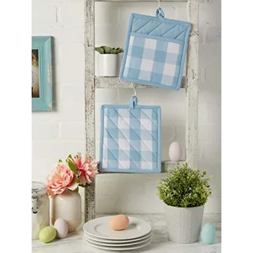 DII Buffalo Check Kitchen Collection, Classic Farmhouse Kitchen Set, Potholder, White & Light Blue, 2 Piece