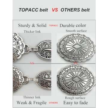 TOPACC Western Metal Oval Concho Chain Belt for Women Silver Cowgirl Belt for Dresses Jeans Country Concert Outfit