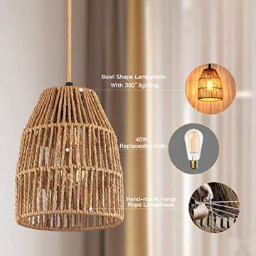 Plug in Pendant Light, Hanging Lights with 15ft Golden Cotton Cord & Stepless Dimming Switch, Handwoven Hemp Rope Lampshade, Boho Hanging Lamp for Bedroom,Hallway (Bulb & 2 Swag Hooks Included)