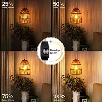 Plug in Pendant Light, Hanging Lights with 15ft Golden Cotton Cord & Stepless Dimming Switch, Handwoven Hemp Rope Lampshade, Boho Hanging Lamp for Bedroom,Hallway (Bulb & 2 Swag Hooks Included)