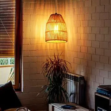 Plug in Pendant Light, Hanging Lights with 15ft Golden Cotton Cord & Stepless Dimming Switch, Handwoven Hemp Rope Lampshade, Boho Hanging Lamp for Bedroom,Hallway (Bulb & 2 Swag Hooks Included)