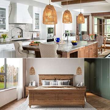 Plug in Pendant Light, Hanging Lights with 15ft Golden Cotton Cord & Stepless Dimming Switch, Handwoven Hemp Rope Lampshade, Boho Hanging Lamp for Bedroom,Hallway (Bulb & 2 Swag Hooks Included)