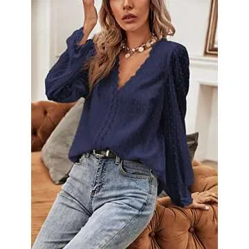 DIDK Women's Elegant Long Puff Sleeve V Neck Tops Swiss Dots Lace Chiffon Blouse Top Navy Blue S