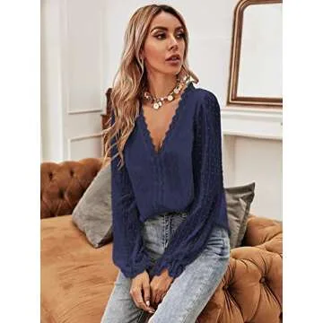 DIDK Women's Elegant Long Puff Sleeve V Neck Tops Swiss Dots Lace Chiffon Blouse Top Navy Blue S