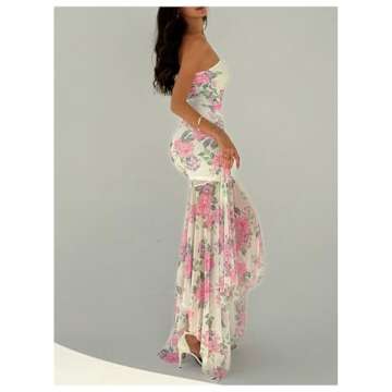 Floerns Women's Sleeveless Ruched Ruffle Asymmetrical Hem Mesh Evening Tube Dresses Beige Floral X-Small