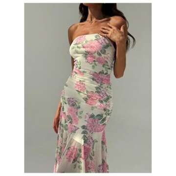 Floerns Women's Sleeveless Ruched Ruffle Asymmetrical Hem Mesh Evening Tube Dresses Beige Floral X-Small