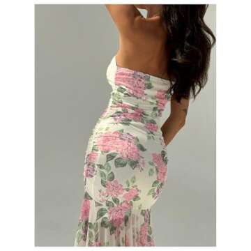 Floerns Women's Sleeveless Ruched Ruffle Asymmetrical Hem Mesh Evening Tube Dresses Beige Floral X-Small