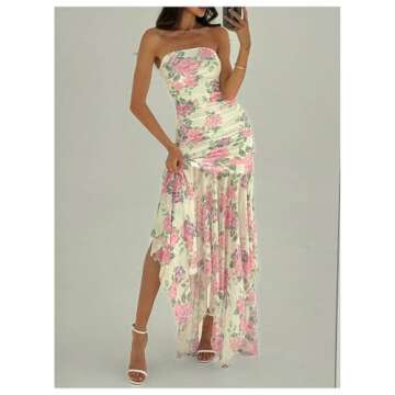 Floerns Women's Sleeveless Ruched Ruffle Asymmetrical Hem Mesh Evening Tube Dresses Beige Floral X-Small