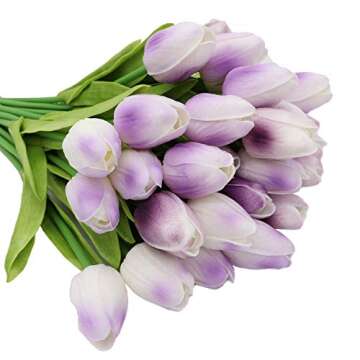 27pc Artificial Flowers Real Touch Tulips in Purple for Spring Wedding Bouquets Flowers Arrangement ...