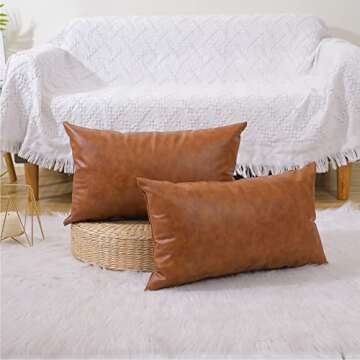 Set of 2 Faux Leather Throw Pillow Covers, Modern Brown Outdoor Cushion Covers Decorative Pillowcases for Couch Bed Sofa (12 x 20 Inches)