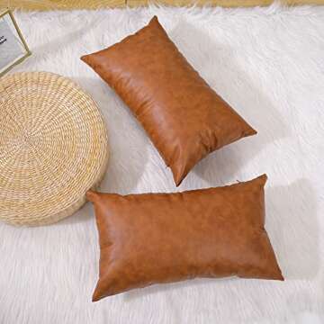 Set of 2 Faux Leather Throw Pillow Covers, Modern Brown Outdoor Cushion Covers Decorative Pillowcases for Couch Bed Sofa (12 x 20 Inches)