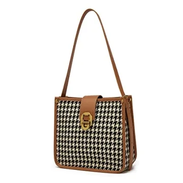 FOXLOVER Houndstooth Fabric Shoulder Bag for Women Top Handle Bucket Purse Casual Retro Portable Adj...