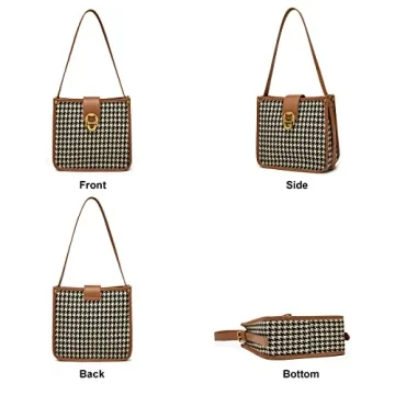 FOXLOVER Houndstooth Fabric Shoulder Bag for Women Top Handle Bucket Purse Casual Retro Portable Adjustable Straps(Brown)