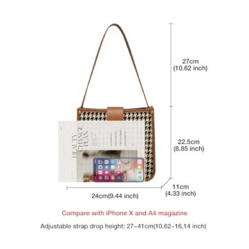 FOXLOVER Houndstooth Fabric Shoulder Bag for Women Top Handle Bucket Purse Casual Retro Portable Adjustable Straps(Brown)