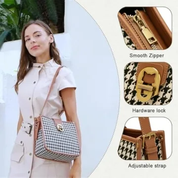 FOXLOVER Houndstooth Fabric Shoulder Bag for Women Top Handle Bucket Purse Casual Retro Portable Adjustable Straps(Brown)