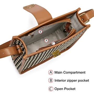 FOXLOVER Houndstooth Fabric Shoulder Bag for Women Top Handle Bucket Purse Casual Retro Portable Adjustable Straps(Brown)