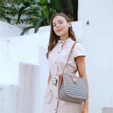FOXLOVER Houndstooth Fabric Shoulder Bag for Women Top Handle Bucket Purse Casual Retro Portable Adjustable Straps(Brown)