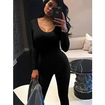 GOKATOSAU Women's Sexy Long Sleeve Bodycon Solid Outfits Club Rompers Jumpsuits Black