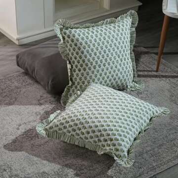 CPC Emerald Green Ruffle Throw Pillow Covers for Couch, 20x20 Inch Cotton Stripe Ruffle Couch Pillows for Living Room, Hidden 16 Inch Zipper Boho Pillow Case or Cute Outdoor Pillows