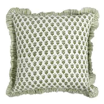 CPC Emerald Green Ruffle Throw Pillow Covers for Couch, 20x20 Inch Cotton Stripe Ruffle Couch Pillows for Living Room, Hidden 16 Inch Zipper Boho Pillow Case or Cute Outdoor Pillows