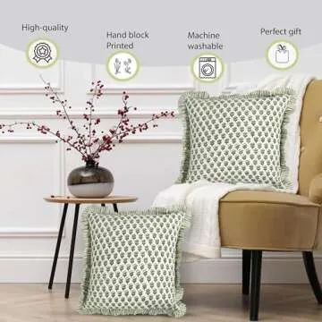 CPC Emerald Green Ruffle Throw Pillow Covers for Couch, 20x20 Inch Cotton Stripe Ruffle Couch Pillows for Living Room, Hidden 16 Inch Zipper Boho Pillow Case or Cute Outdoor Pillows