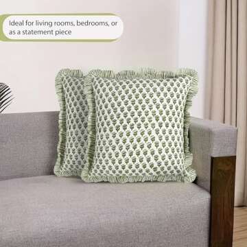 CPC Emerald Green Ruffle Throw Pillow Covers for Couch, 20x20 Inch Cotton Stripe Ruffle Couch Pillows for Living Room, Hidden 16 Inch Zipper Boho Pillow Case or Cute Outdoor Pillows