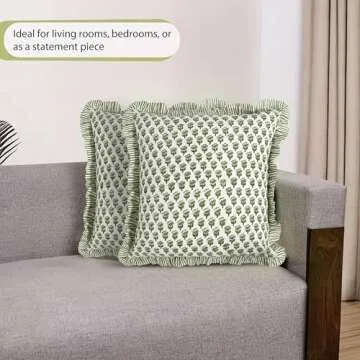 CPC Emerald Green Ruffle Throw Pillow Covers for Couch, 20x20 Inch Cotton Stripe Ruffle Couch Pillows for Living Room, Hidden 16 Inch Zipper Boho Pillow Case or Cute Outdoor Pillows