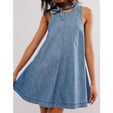 TBETNE Women’s Denim Dress Summer Casual Sleeveless Jean Mini Dresses with Pockets(Blue, S)