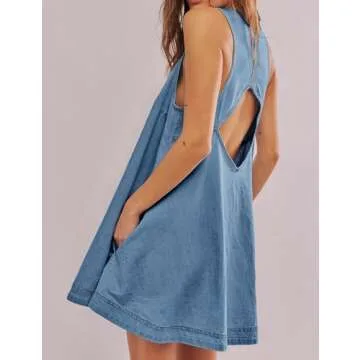 TBETNE Women’s Denim Dress Summer Casual Sleeveless Jean Mini Dresses with Pockets(Blue, S)