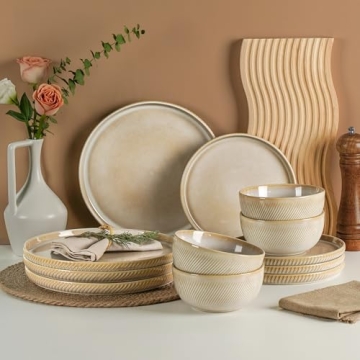Metflavor Earthsong Dinnerware Sets for 4, 12-Piece Ceramic Plates and Bowls Set, Dishwasher and Mic...