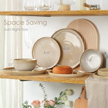Metflavor Earthsong Dinnerware Sets for 4, 12-Piece Ceramic Plates and Bowls Set, Dishwasher and Microwave Safe Stoneware Dishes Set, Ribbed, Sculpted Dune