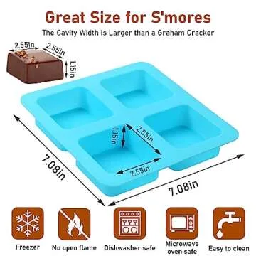 4 Cavity Chocolate Covered Cookie S'mores Molds, 3Pcs Silicone Square Molds Reusable Non Stick Silicone Trays for Smores, Chocolate, Graham Crackers, Candy, Marshmallow Making
