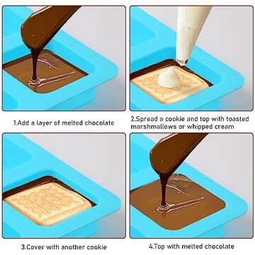 4 Cavity Chocolate Covered Cookie S'mores Molds, 3Pcs Silicone Square Molds Reusable Non Stick Silicone Trays for Smores, Chocolate, Graham Crackers, Candy, Marshmallow Making