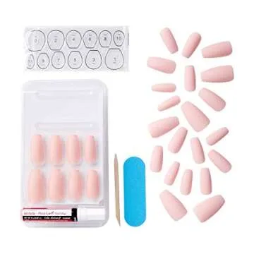 KISS Gel Fantasy Ready-to-Wear Press-On Gel Nails, “All About You”, Long, Pink, Matte Finish, Nail Kit with 24 Mega Adhesive Tabs, Pink Gel Glue, Manicure Stick, Mini File, and 28 Fake Nails