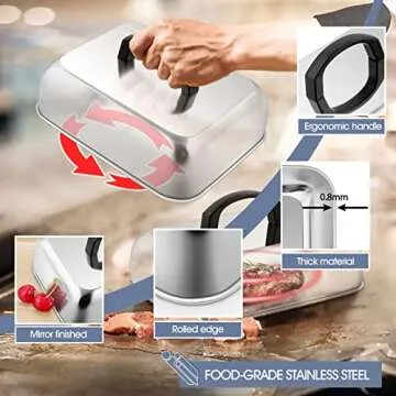 HaSteeL Cheese Melting Dome Set of 2, Stainless Steel Rectangular 9x7 Inch Basting Steaming Cover, Heavy Duty Metal Grill Dome for Flat Top Teppanyaki Barbecue Cooking Indoor/Outdoor, Dishwasher Safe