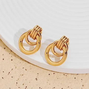 18K Gold Small Geometric Drop Dangle Earrings for Stylish Women