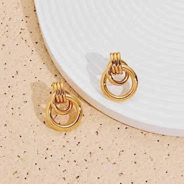 18K Gold Small Geometric Drop Dangle Earrings for Stylish Women