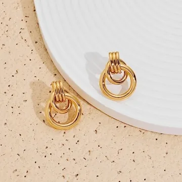 18K Gold Small Geometric Drop Dangle Earrings for Stylish Women