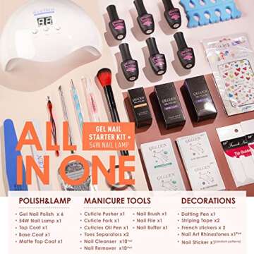 Gellen Gel Nail Polish Kit with UV Light 54W Nail Dryer, 6 Colors Fall Winter Nude Gray Pink Gel Polish, No Wipe Top Base Coat, Nail Art Decorations, Manicure Tools, All-In-One Manicure Kit