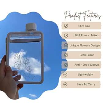 FLATMOSPHERE - 13OZ Flat Water Bottle - BPA free - Leak proof – Elegant slim portable Unique Flowers Design Fits in any handbag Notebook water bottle for sports GYM outdoor travel camping