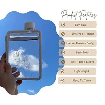 FLATMOSPHERE - 13OZ Flat Water Bottle - BPA free - Leak proof – Elegant slim portable Unique Flowers Design Fits in any handbag Notebook water bottle for sports GYM outdoor travel camping