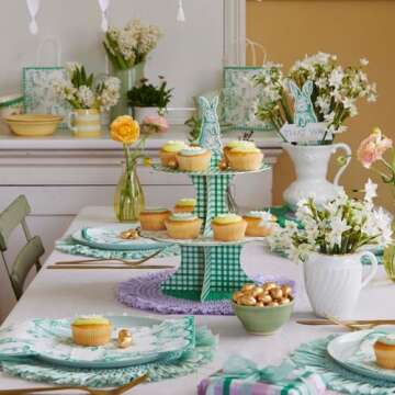 Talking Tables Resuable Easter Cake 2 Tier |Spring Bunny Themed | 100% Paper Card Reversible Double Sided, Food Stand Perfect for Birthday, Afternoon Tea, Baby Shower, Picnic, Green