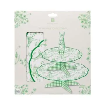 Talking Tables Resuable Easter Cake 2 Tier |Spring Bunny Themed | 100% Paper Card Reversible Double Sided, Food Stand Perfect for Birthday, Afternoon Tea, Baby Shower, Picnic, Green