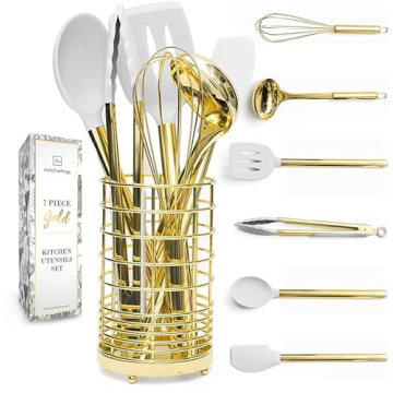 White Silicone and Gold Cooking Utensils Set with Gold Utensil Holder - 7-Piece Silicone Cooking Too...