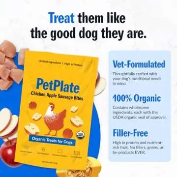 PetPlate Chicken Apple Sausage Bites, Human Grade Dog Treats, All Life Stages, Grain-Free, Organic and Real Ingredients, High Protein, Healthy Snacks (Pack of 1, 4.5 Ounce)