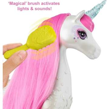 Barbie Dreamtopia Unicorn, Brush 'n Sparkle Interactive Toy with Lights & Sounds, Magical Brush Accessory, White Unicorn with Pink Mane & Light-Up Stars