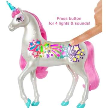 Barbie Dreamtopia Unicorn, Brush 'n Sparkle Interactive Toy with Lights & Sounds, Magical Brush Accessory, White Unicorn with Pink Mane & Light-Up Stars